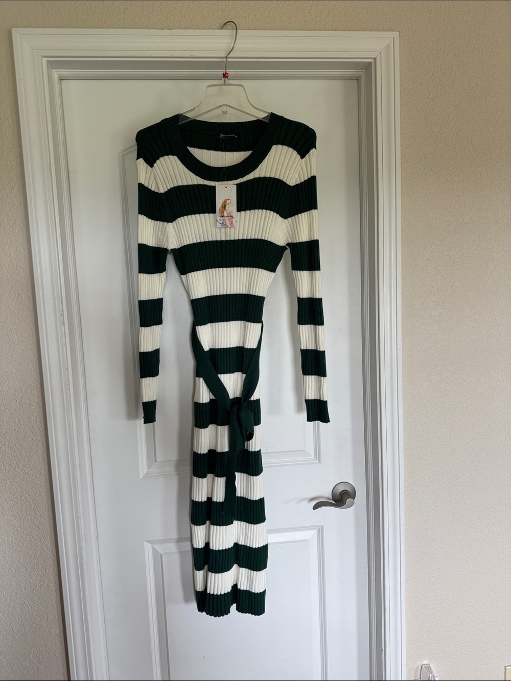 Striped Rib-Knit Tie-Waist Midi Dress in Green and White